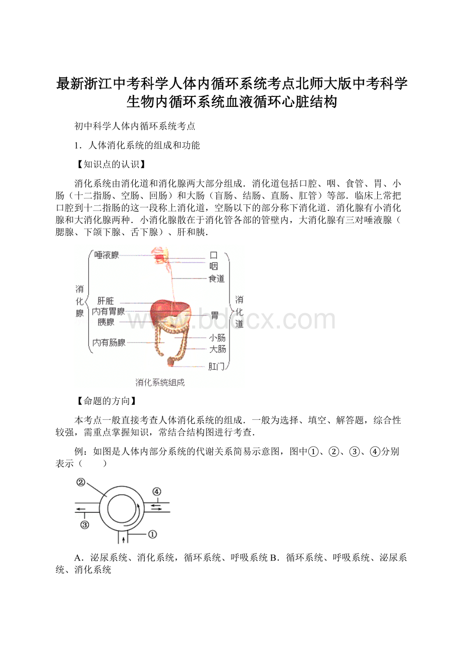 最新浙江中考科学人体内循环系统考点北师大版中考科学生物内循环系统血液循环心脏结构Word下载.docx_第1页