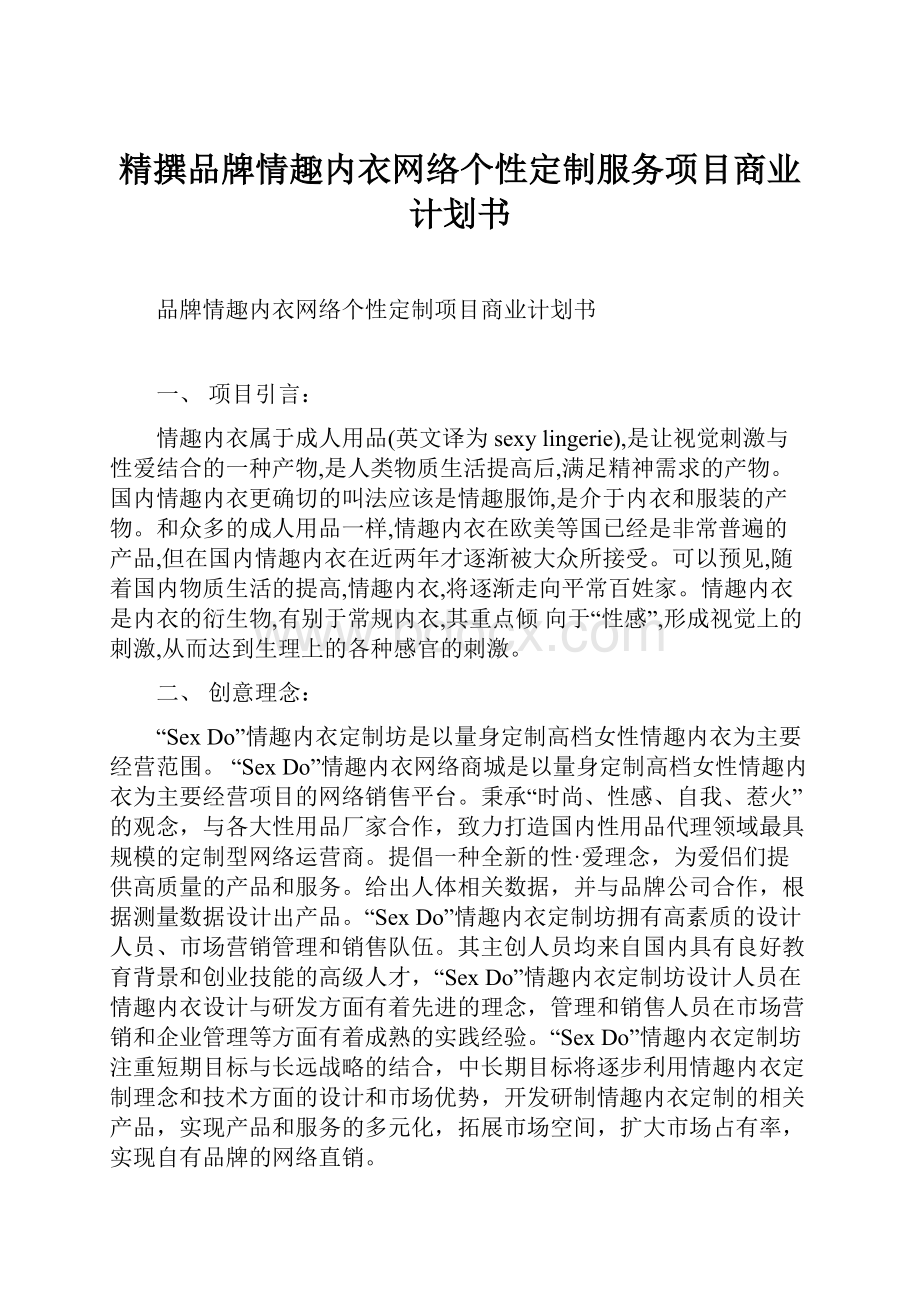 精撰品牌情趣内衣网络个性定制服务项目商业计划书.docx_第1页