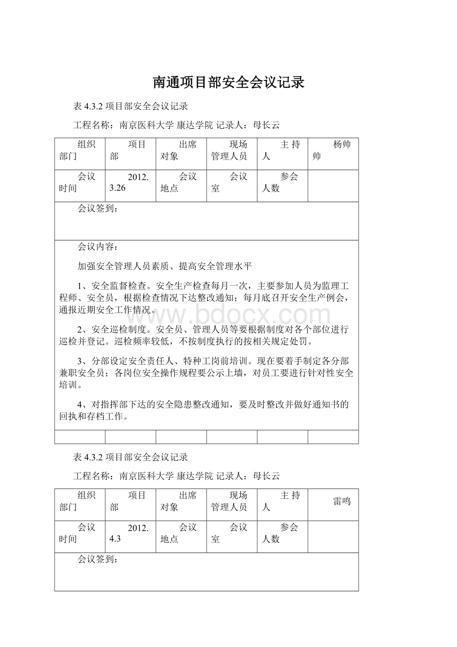 南通项目部安全会议记录.docx_第1页