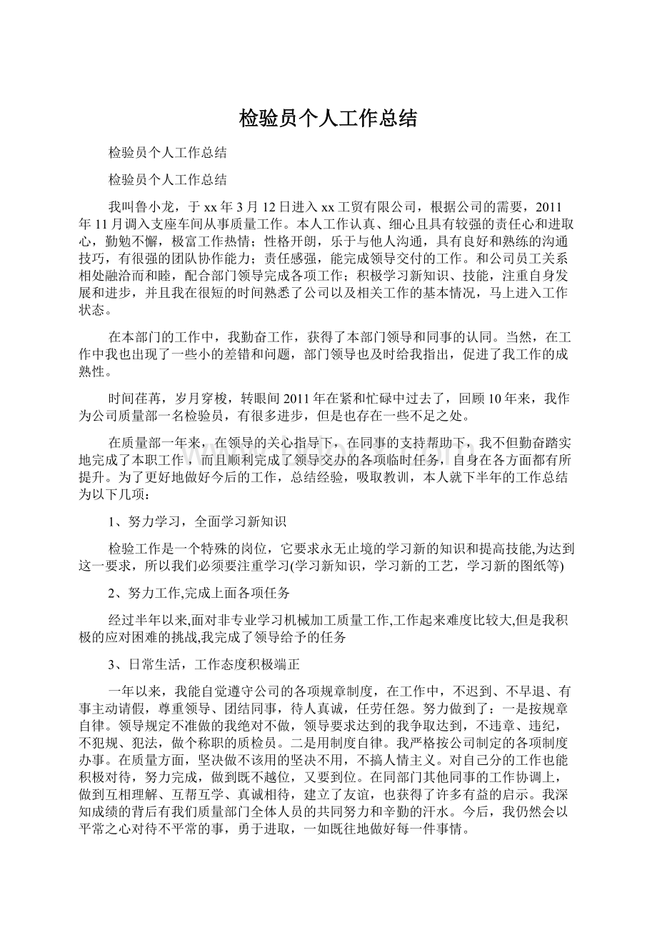 检验员个人工作总结文档格式.docx