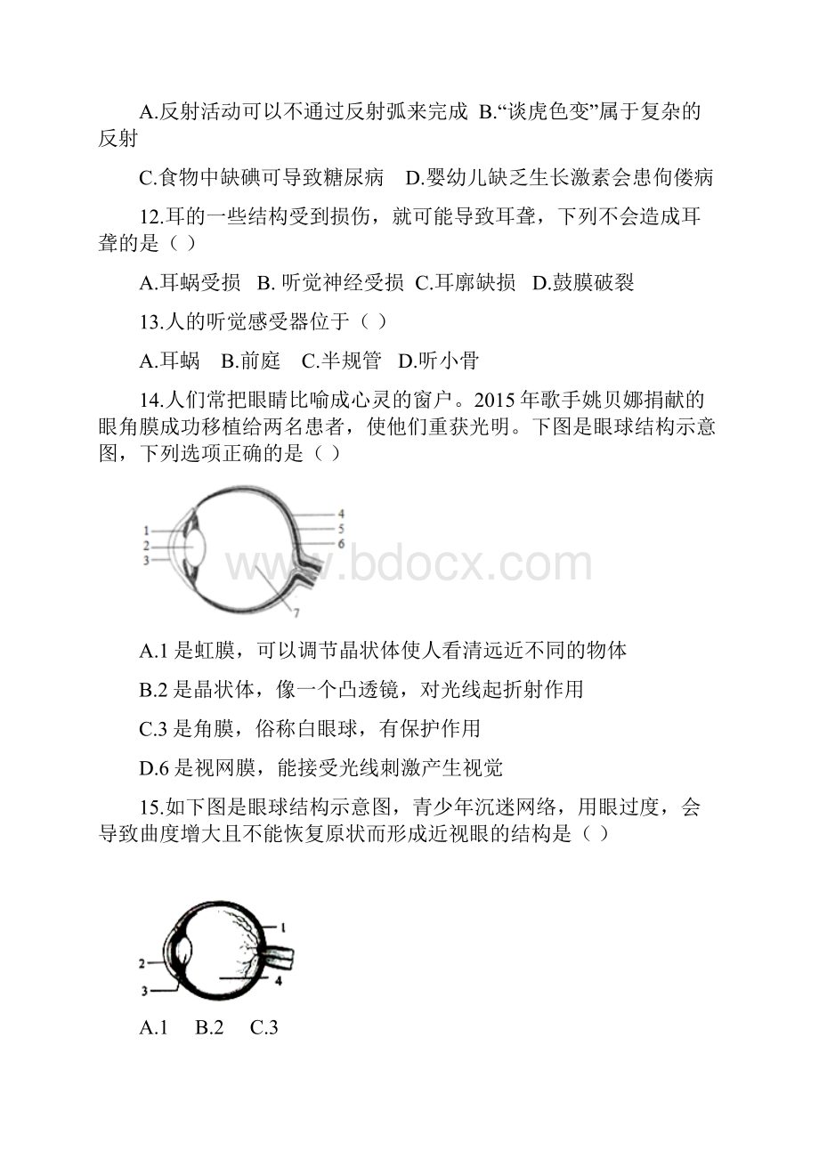 学年苏教版生物七年级下册第4单元第12章人体生命活动的调节综合测试含答案Word文档下载推荐.docx_第3页