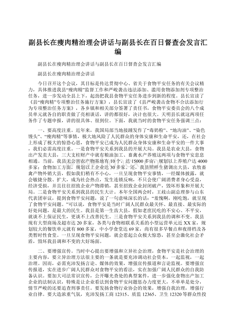 副县长在瘦肉精治理会讲话与副县长在百日督查会发言汇编Word格式.docx