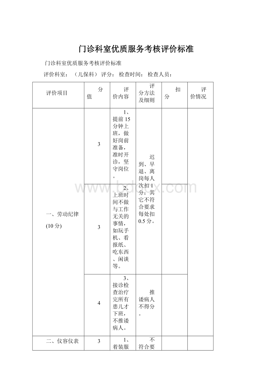 门诊科室优质服务考核评价标准Word下载.docx