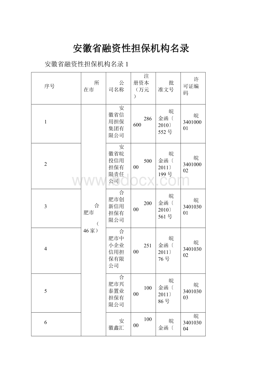 安徽省融资性担保机构名录Word下载.docx