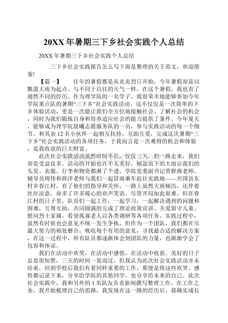 20XX年暑期三下乡社会实践个人总结.docx