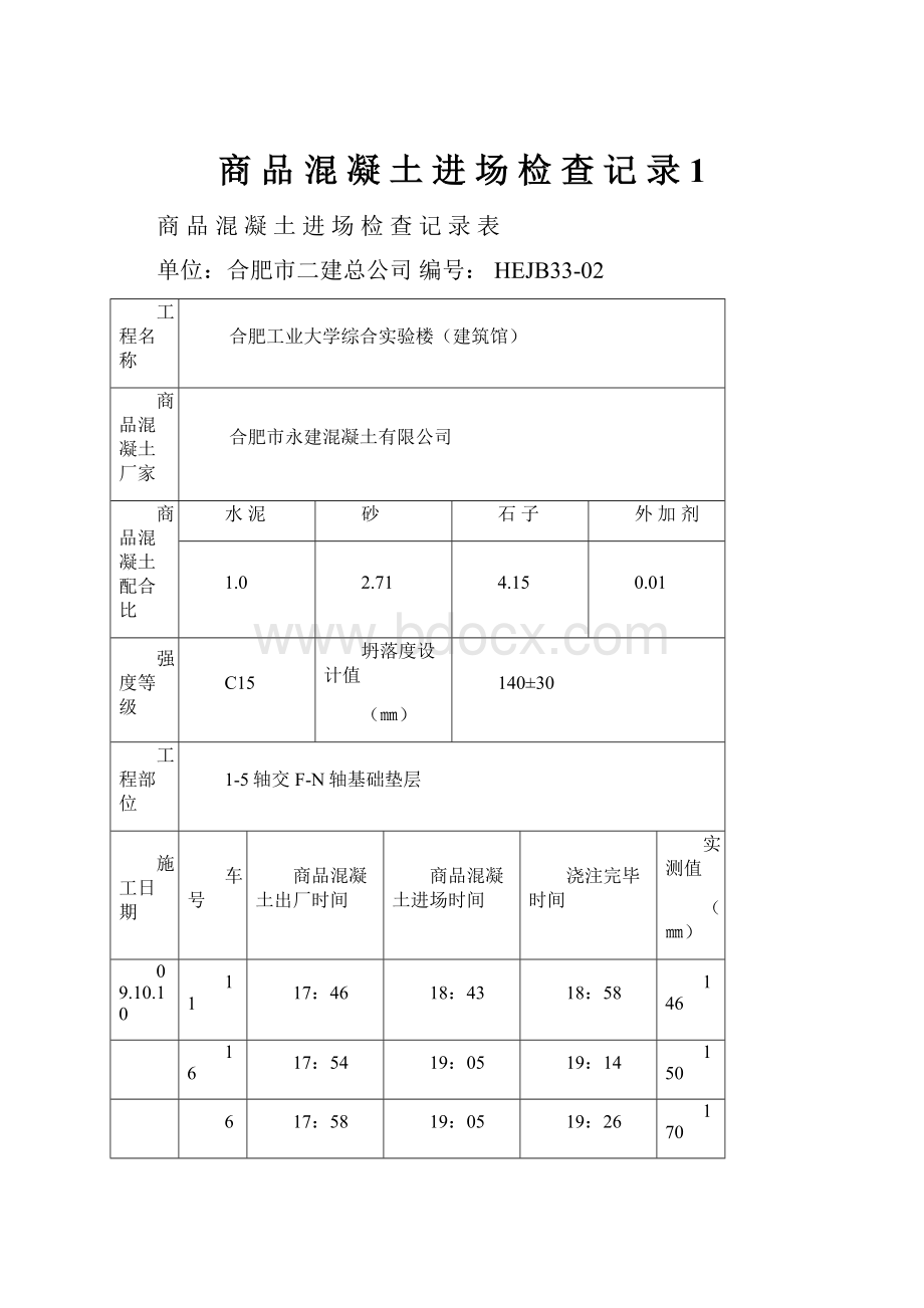 商 品 混 凝 土 进 场 检 查 记 录 1Word格式文档下载.docx_第1页