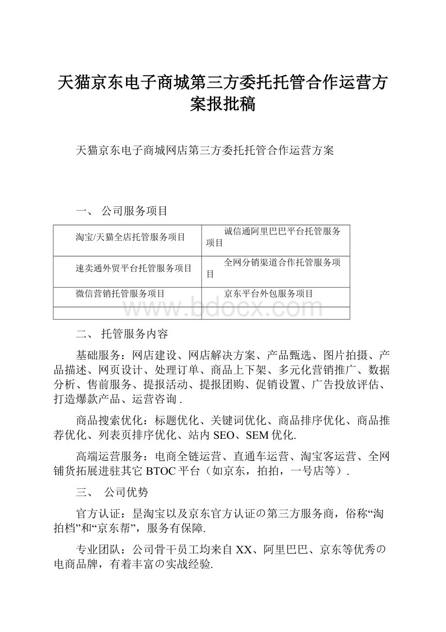 天猫京东电子商城第三方委托托管合作运营方案报批稿Word文档下载推荐.docx