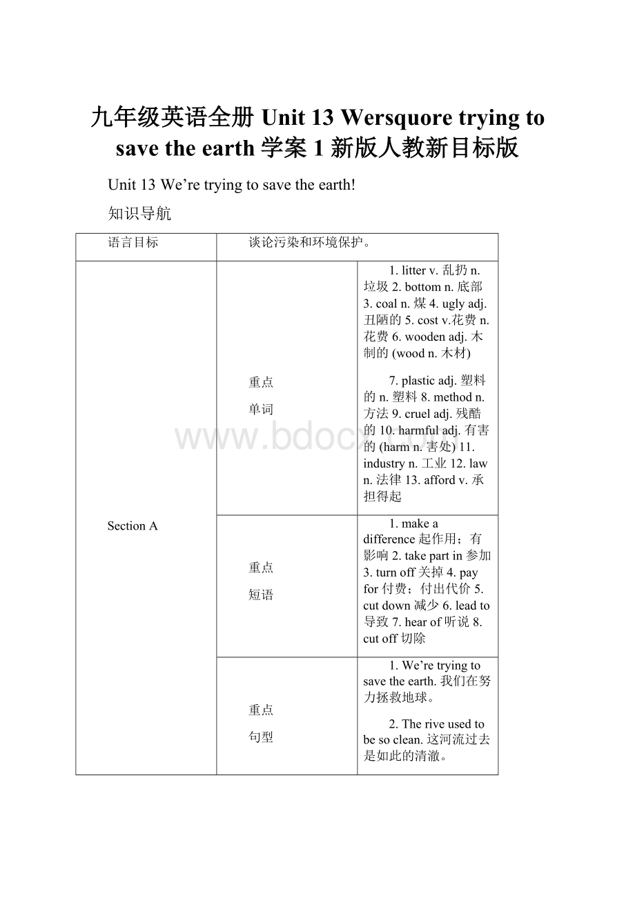 九年级英语全册 Unit 13 Wersquore trying to save the earth学案1 新版人教新目标版.docx_第1页