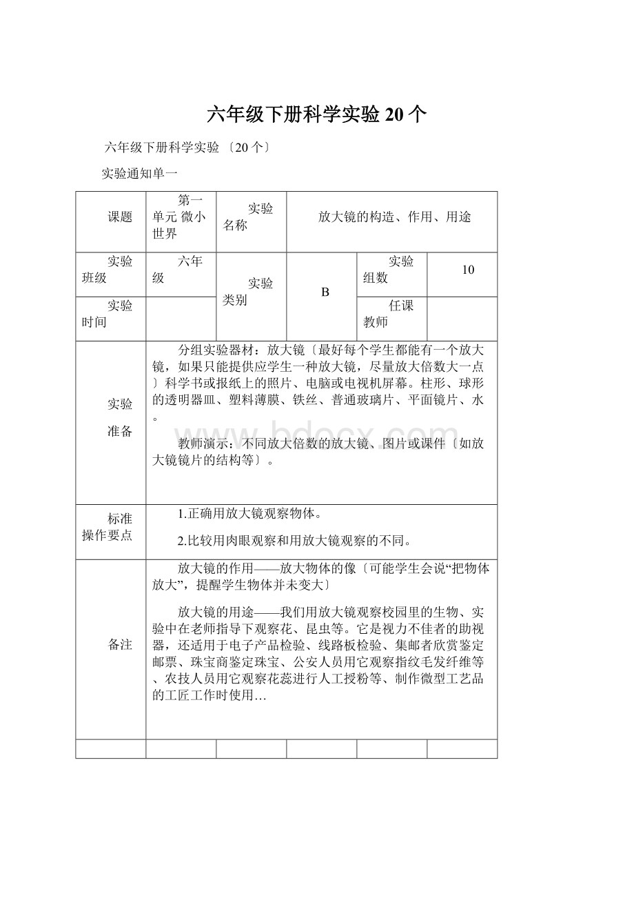 六年级下册科学实验20个Word文档格式.docx