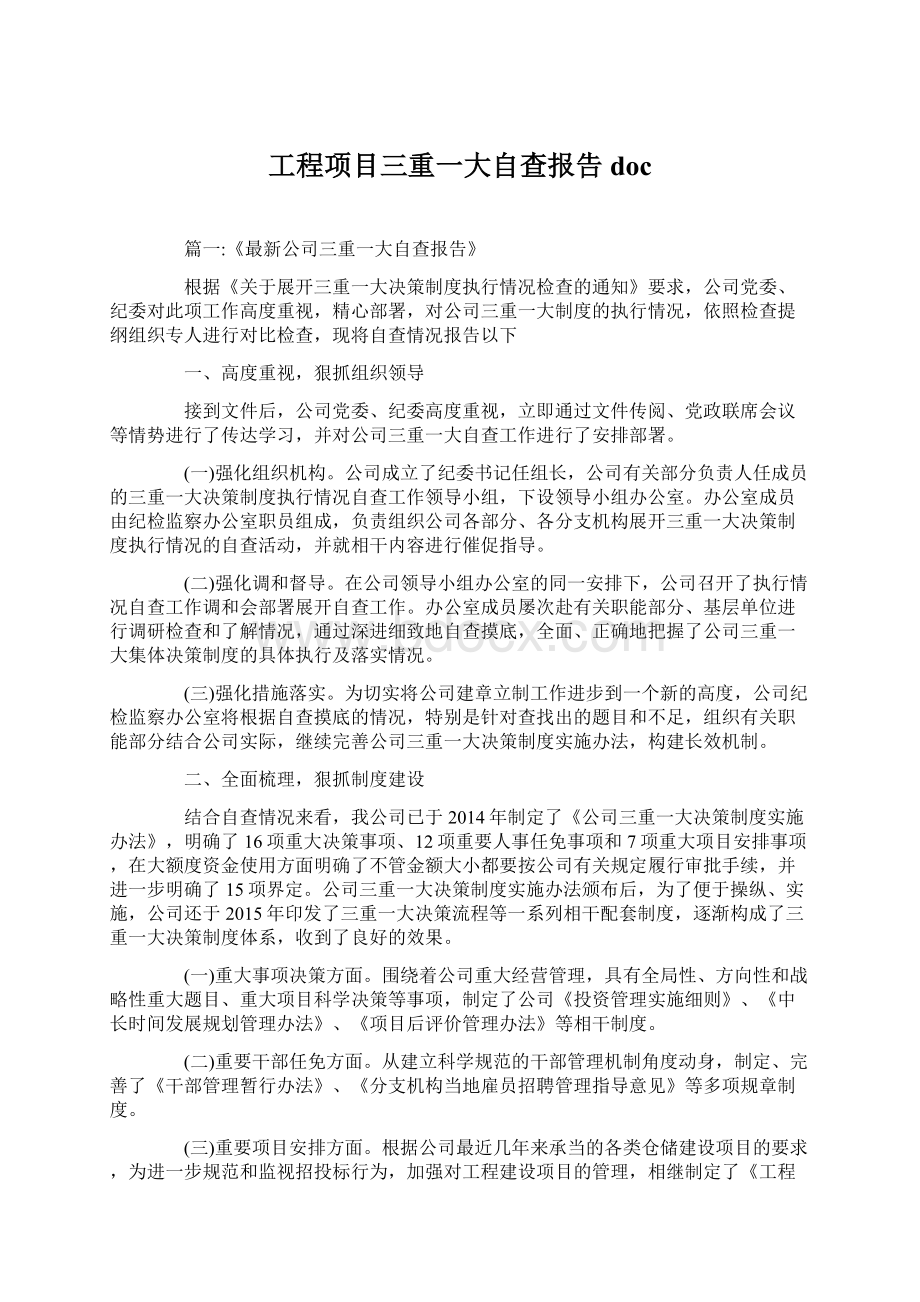 工程项目三重一大自查报告docWord下载.docx