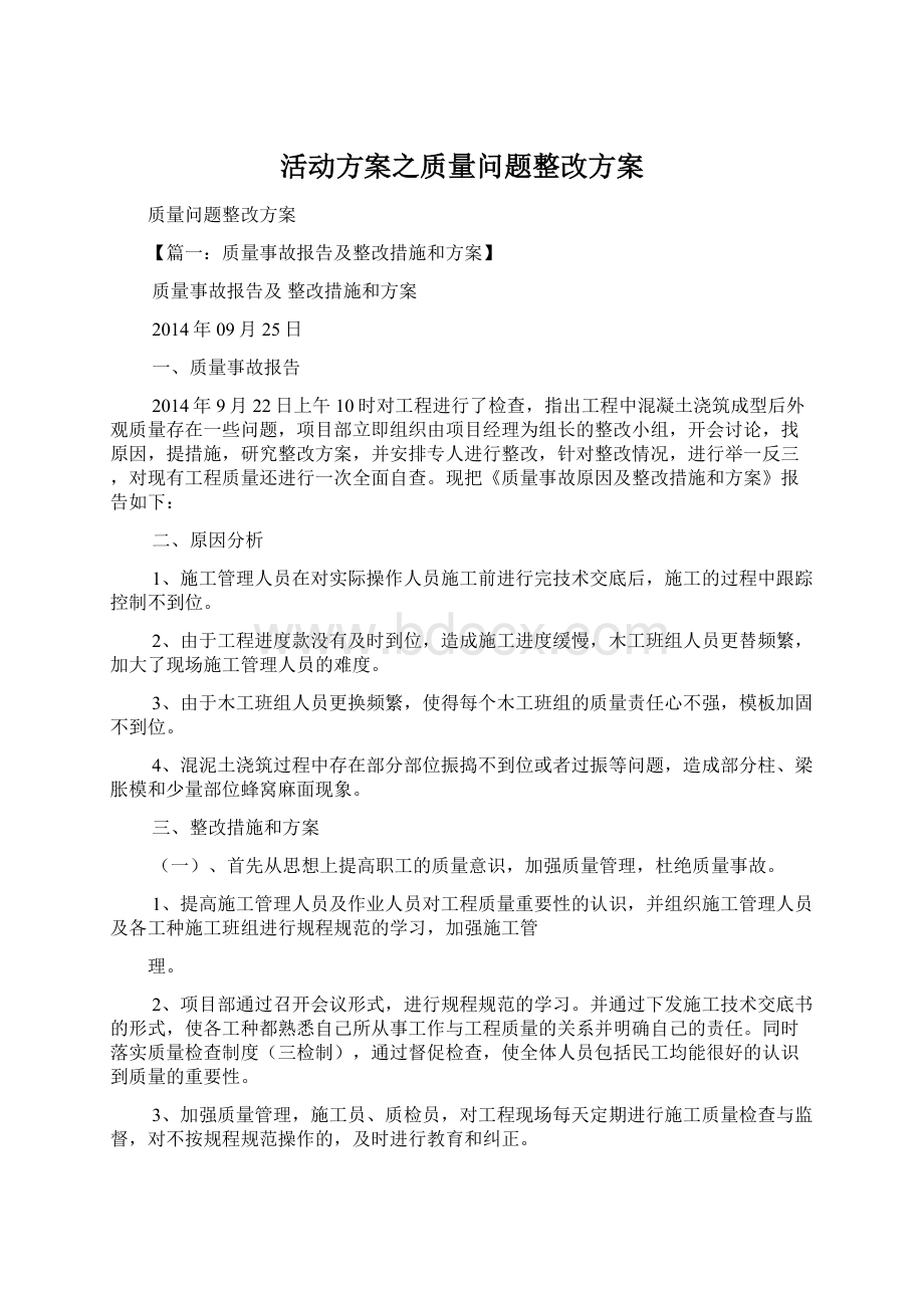 活动方案之质量问题整改方案文档格式.docx