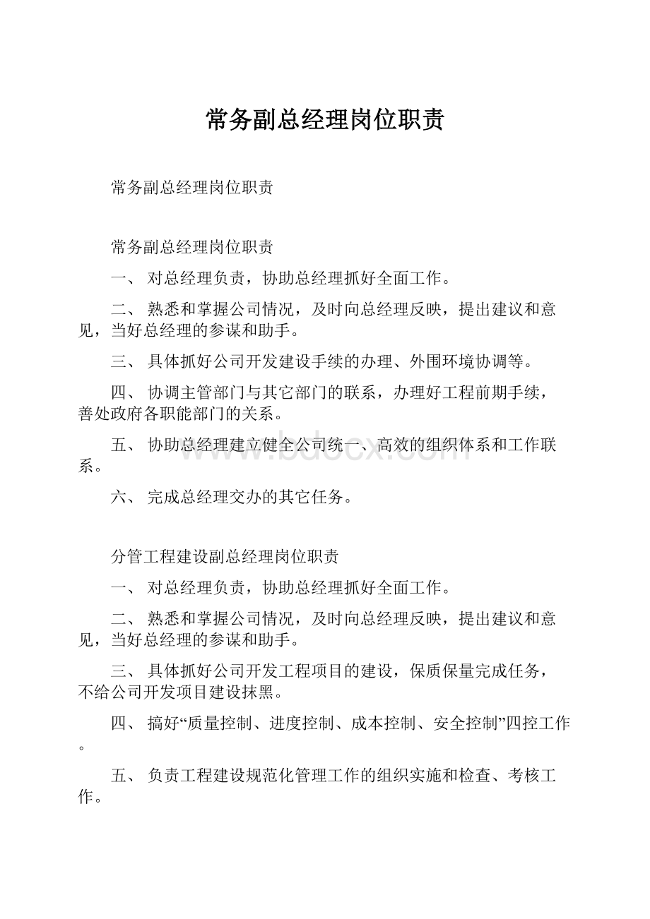 常务副总经理岗位职责Word下载.docx