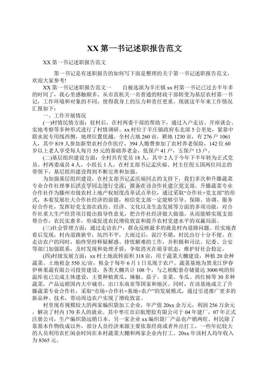 XX第一书记述职报告范文Word文档下载推荐.docx_第1页