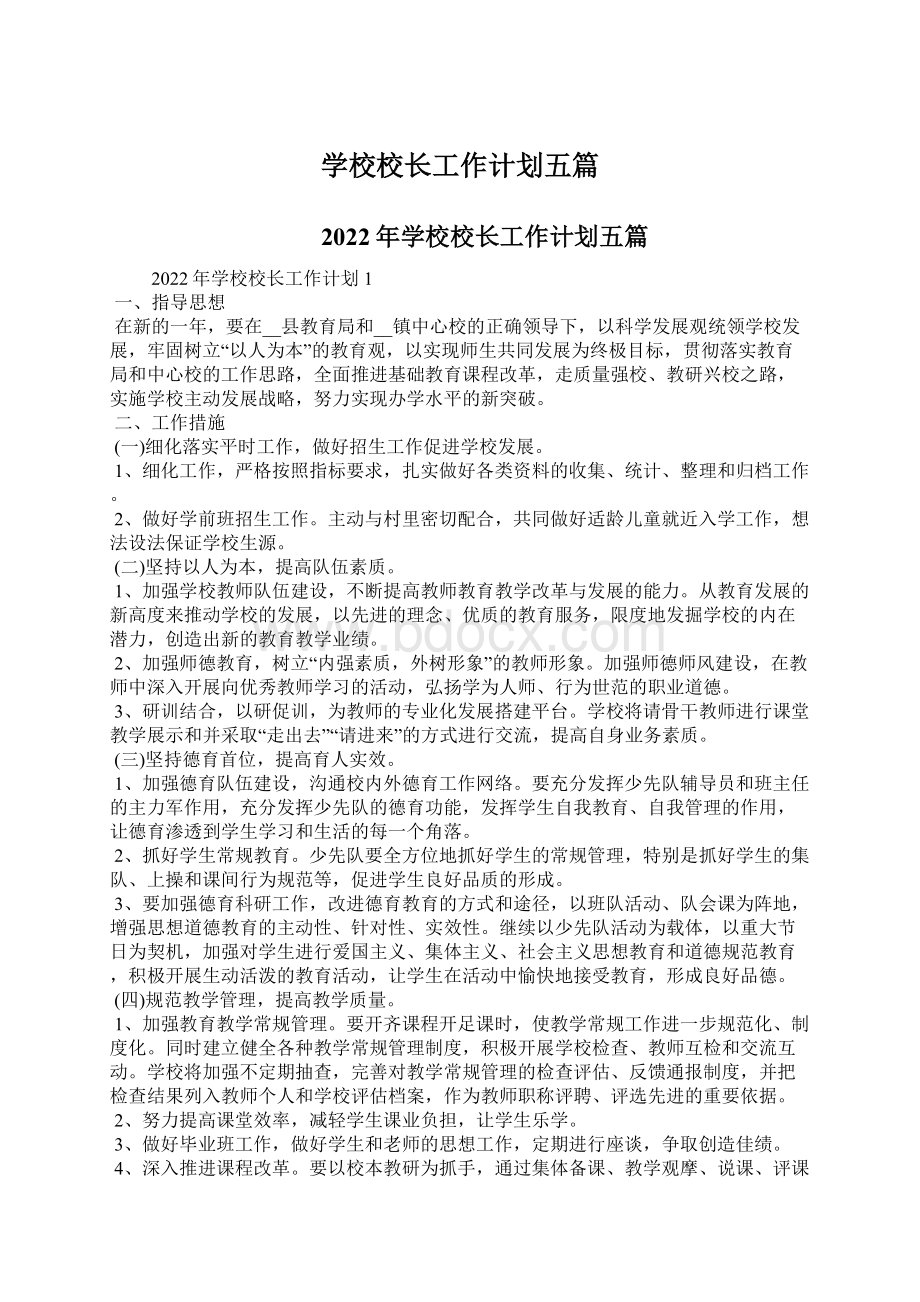 学校校长工作计划五篇Word格式.docx