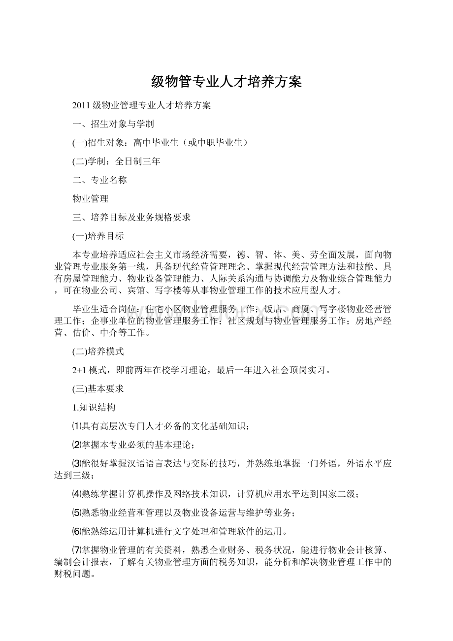 级物管专业人才培养方案Word文档下载推荐.docx_第1页