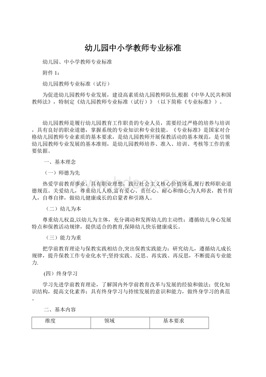 幼儿园中小学教师专业标准Word文档下载推荐.docx_第1页