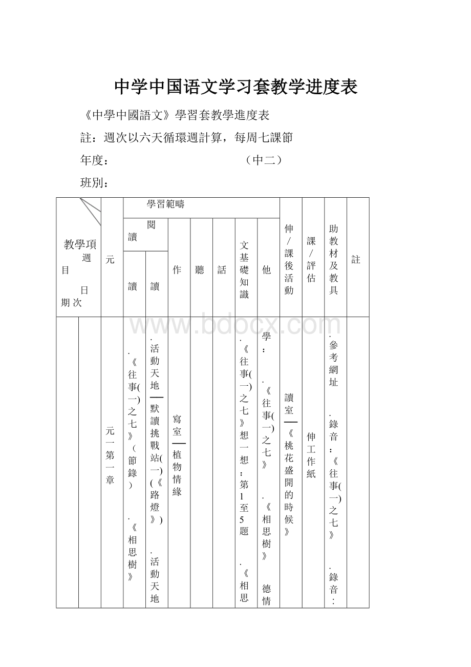 中学中国语文学习套教学进度表.docx