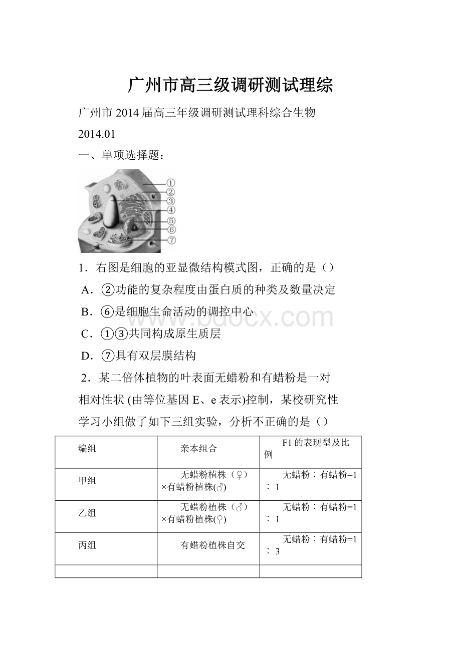 广州市高三级调研测试理综Word下载.docx