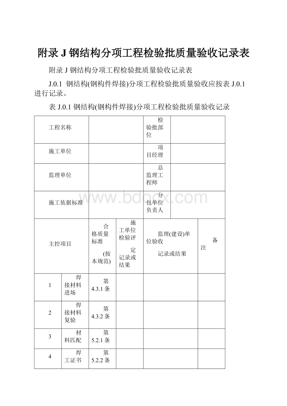 附录J钢结构分项工程检验批质量验收记录表Word文件下载.docx_第1页