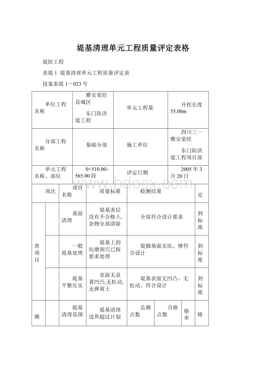 堤基清理单元工程质量评定表格Word格式文档下载.docx_第1页