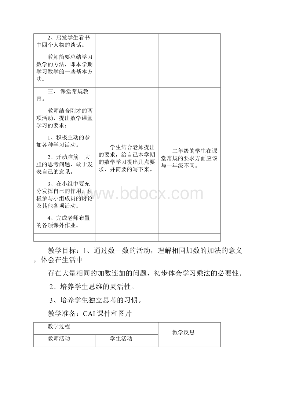 北师大版小学数学二年级上教案表格式全教学反思吐血推文档格式.docx_第2页