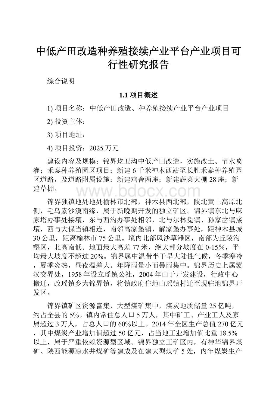 中低产田改造种养殖接续产业平台产业项目可行性研究报告文档格式.docx