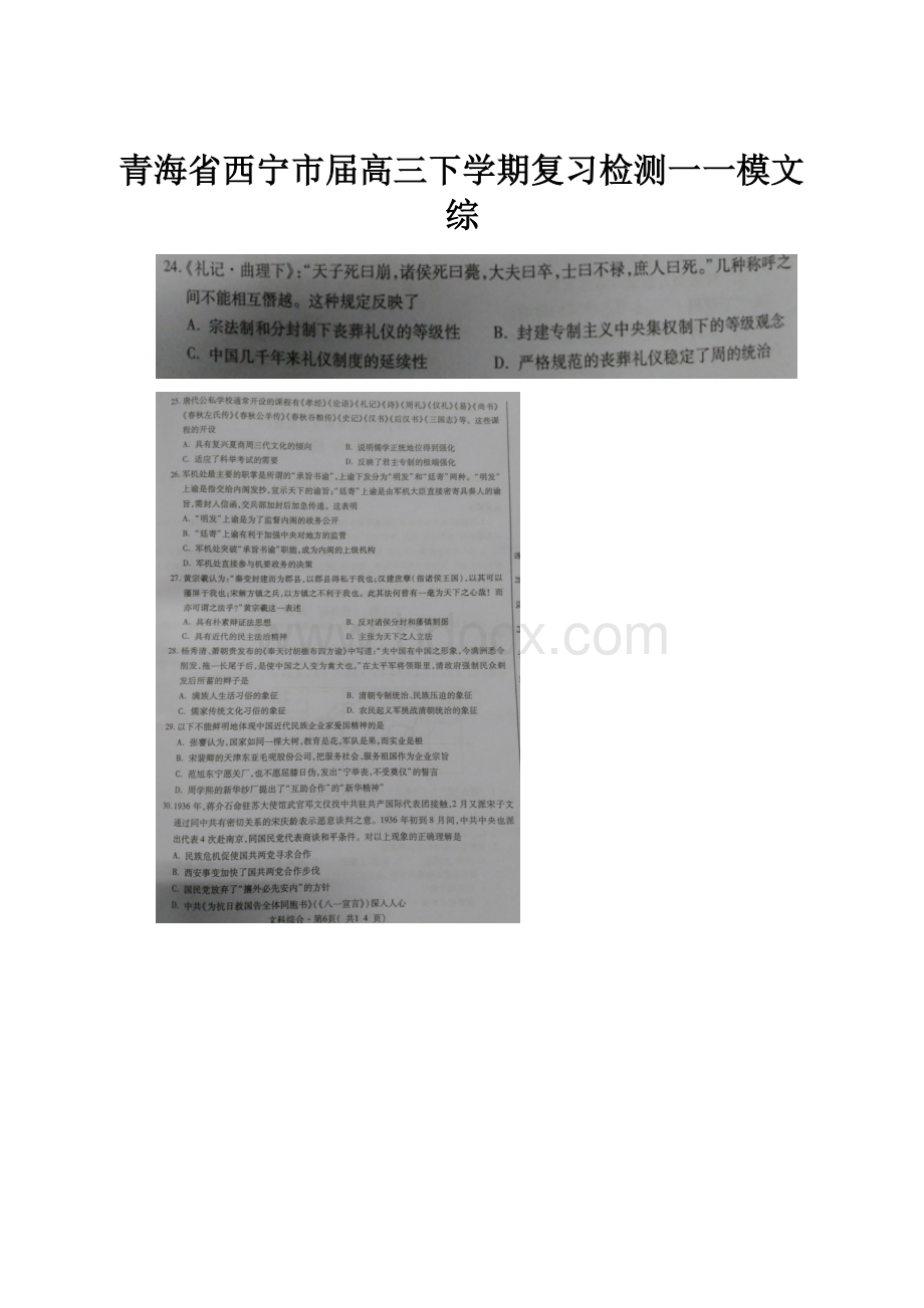 青海省西宁市届高三下学期复习检测一一模文综Word文件下载.docx_第1页