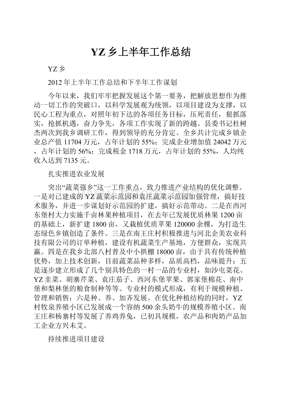 YZ乡上半年工作总结Word文档格式.docx_第1页