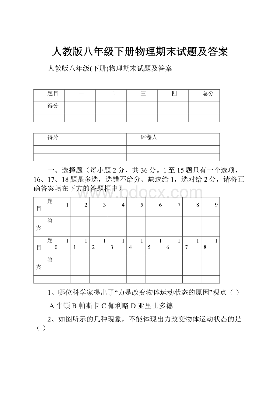 人教版八年级下册物理期末试题及答案.docx_第1页