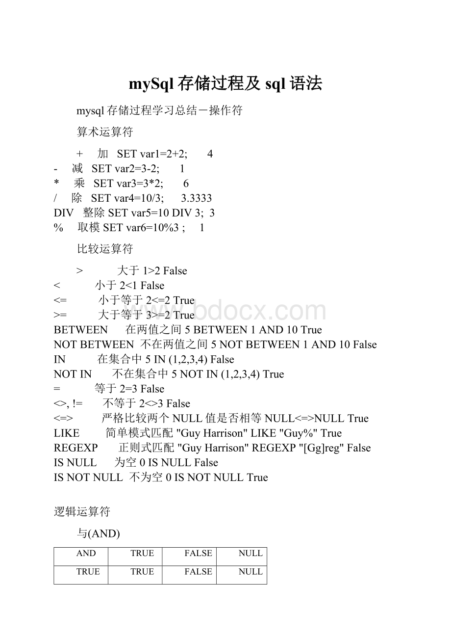 mySql存储过程及sql语法Word文档下载推荐.docx