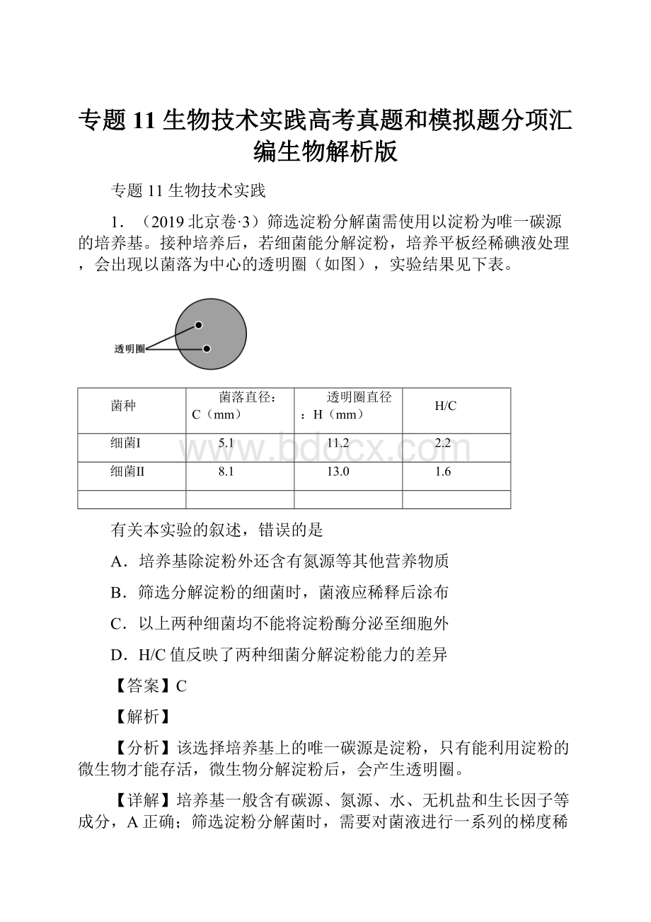 专题11 生物技术实践高考真题和模拟题分项汇编生物解析版Word下载.docx