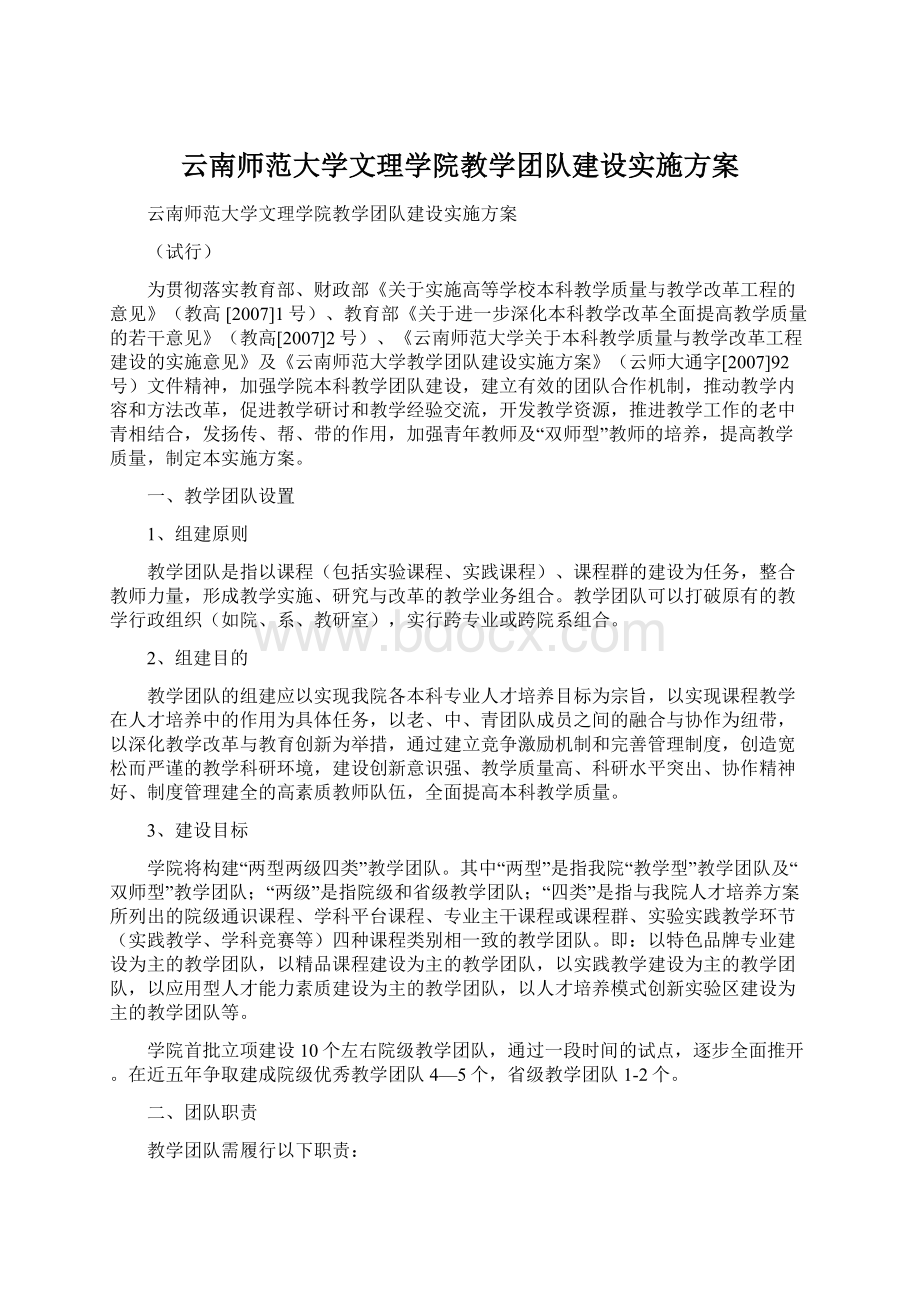 云南师范大学文理学院教学团队建设实施方案Word文档格式.docx