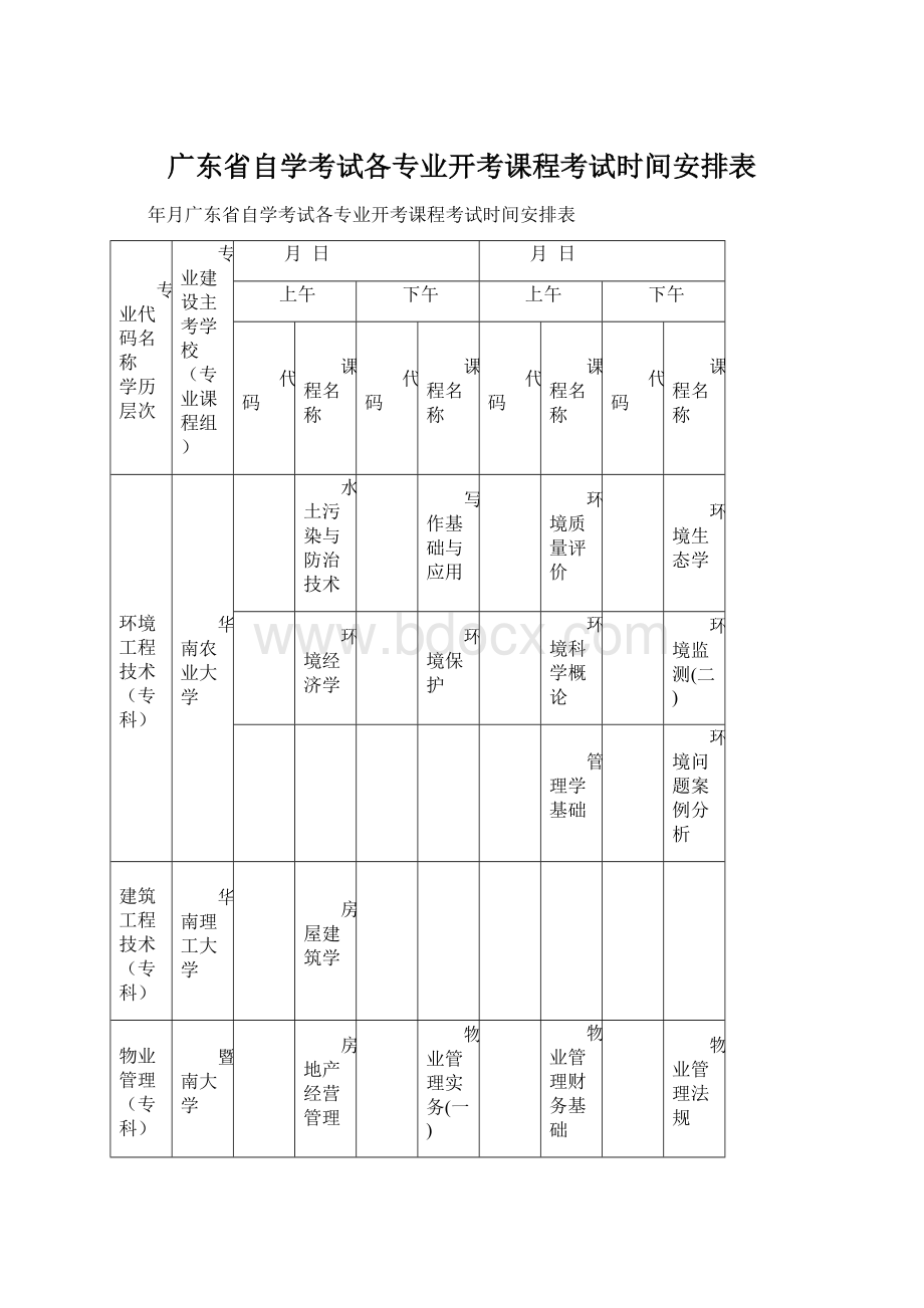 广东省自学考试各专业开考课程考试时间安排表Word文档格式.docx