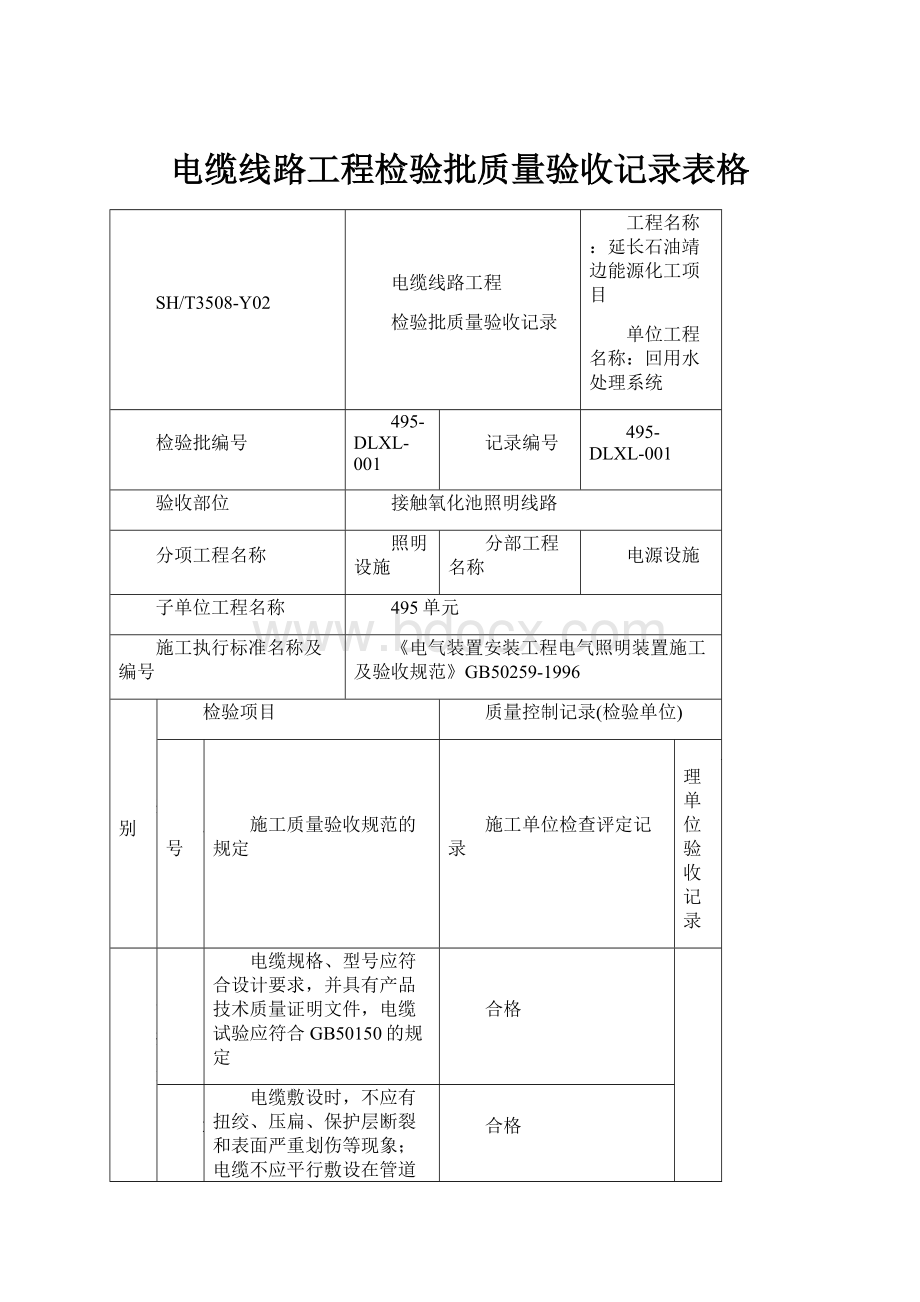 电缆线路工程检验批质量验收记录表格.docx_第1页