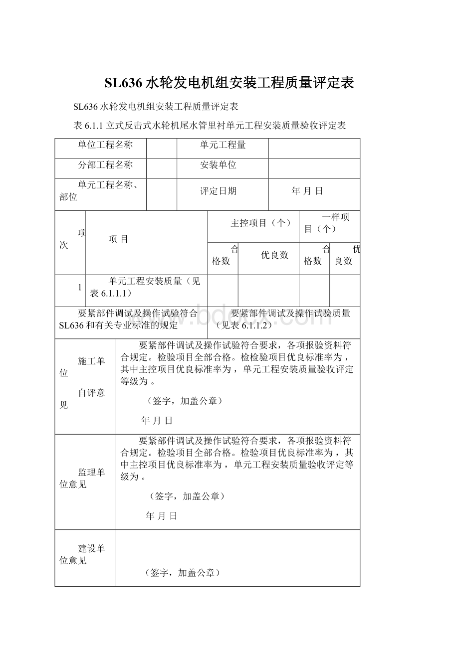 SL636水轮发电机组安装工程质量评定表.docx