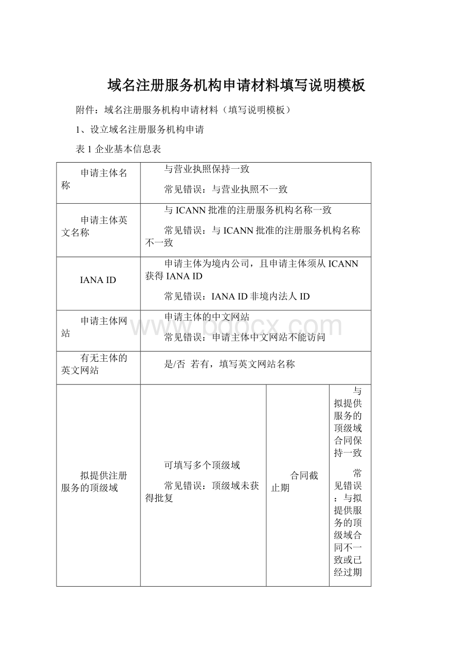 域名注册服务机构申请材料填写说明模板.docx