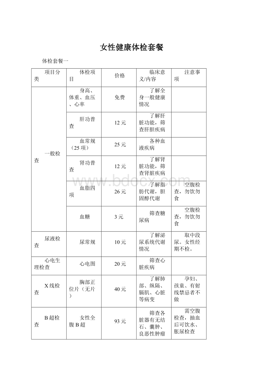 女性健康体检套餐Word文档下载推荐.docx