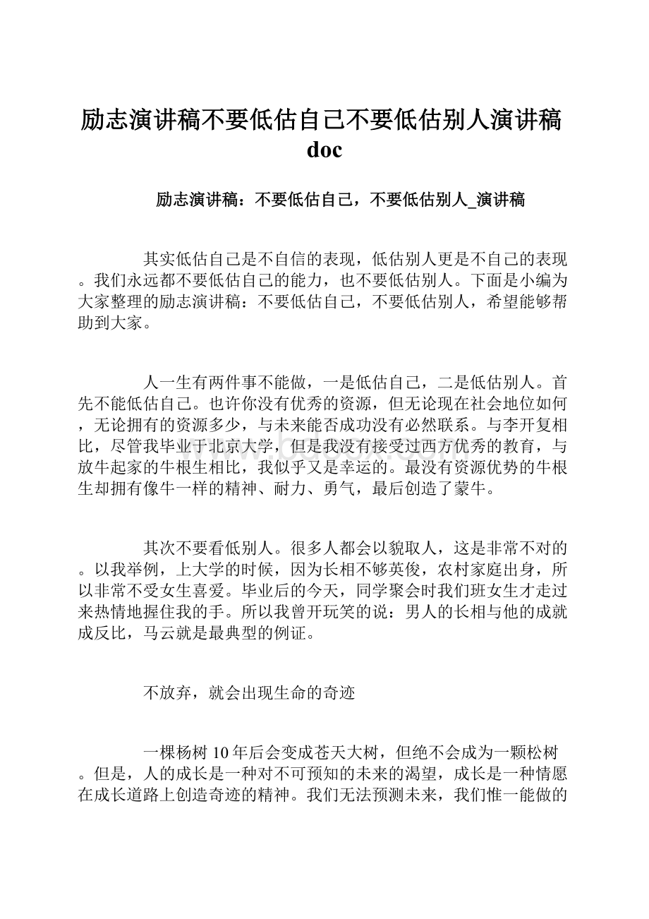 励志演讲稿不要低估自己不要低估别人演讲稿doc.docx