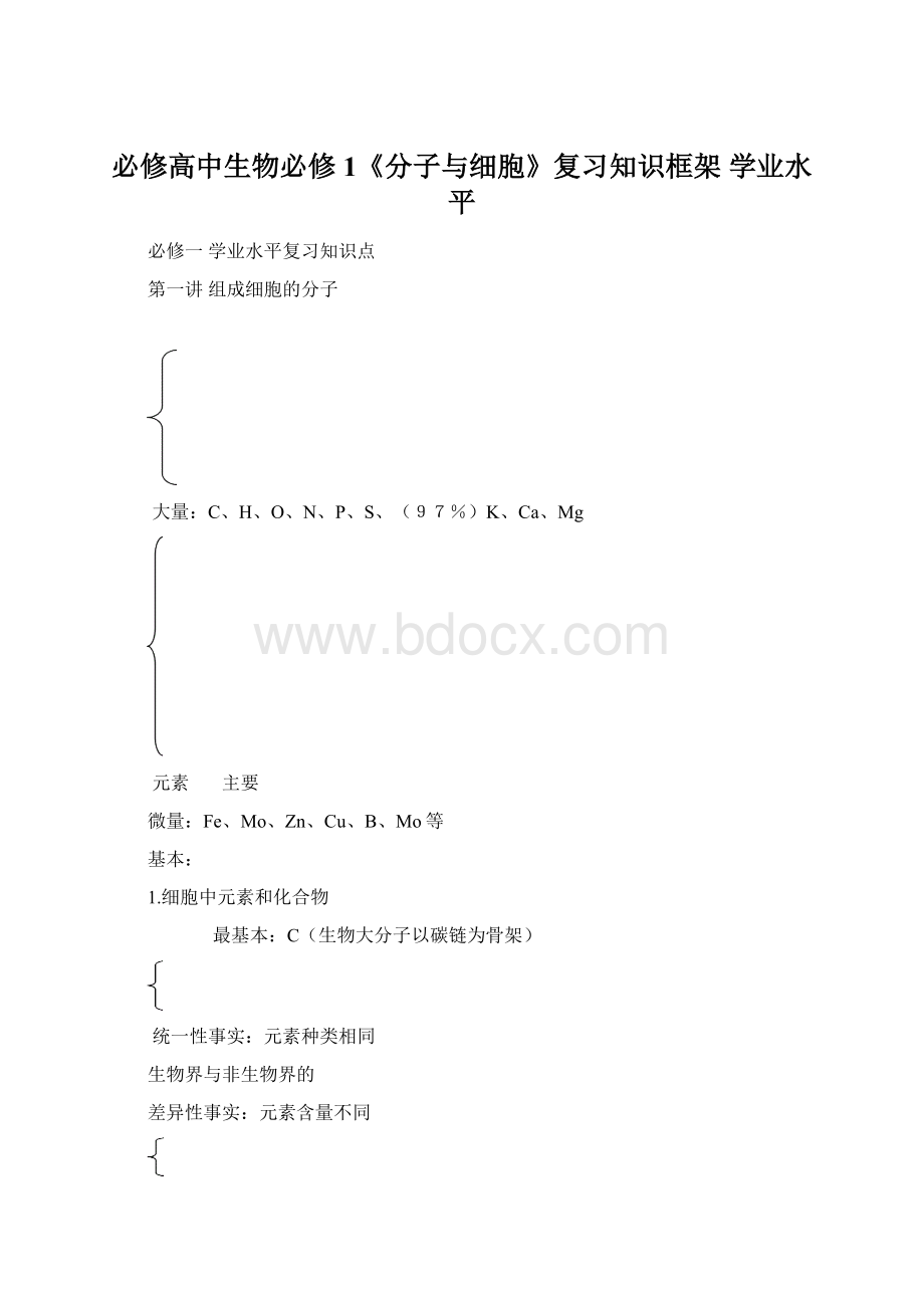 必修高中生物必修1《分子与细胞》复习知识框架 学业水平Word下载.docx