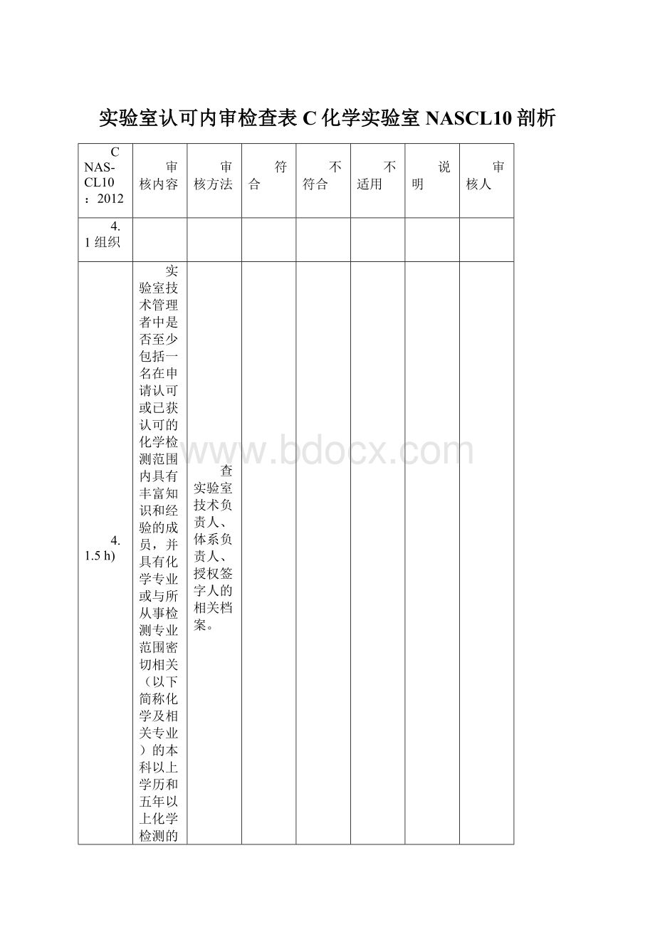 实验室认可内审检查表C化学实验室NASCL10剖析Word下载.docx_第1页