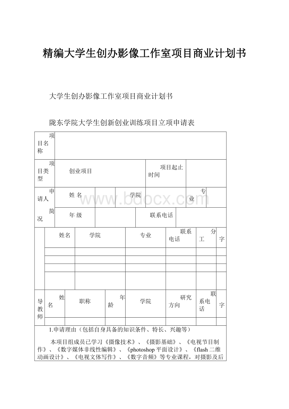 精编大学生创办影像工作室项目商业计划书Word文档格式.docx