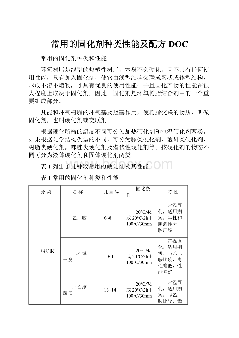 常用的固化剂种类性能及配方DOCWord格式文档下载.docx