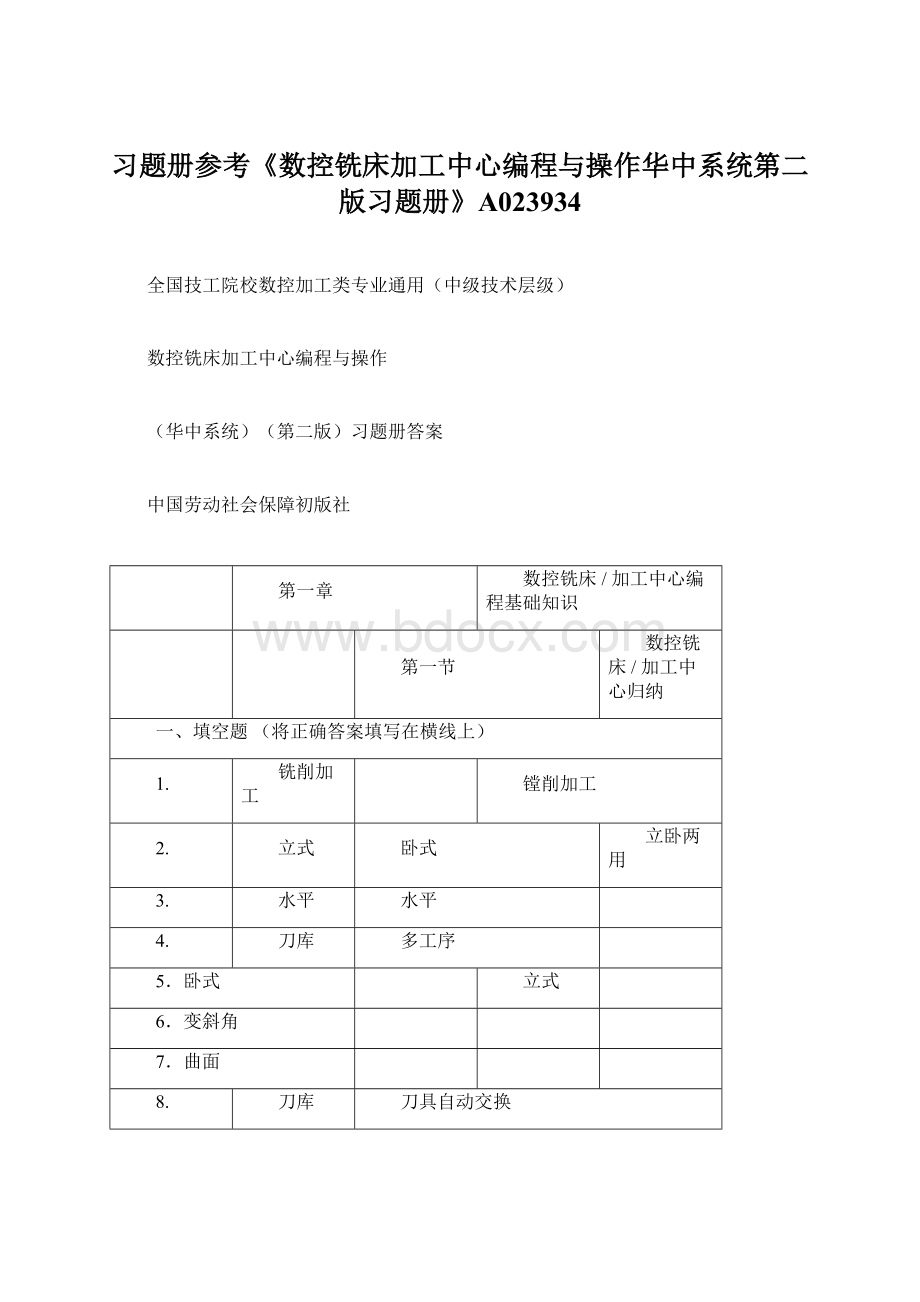 习题册参考《数控铣床加工中心编程与操作华中系统第二版习题册》A023934Word格式文档下载.docx