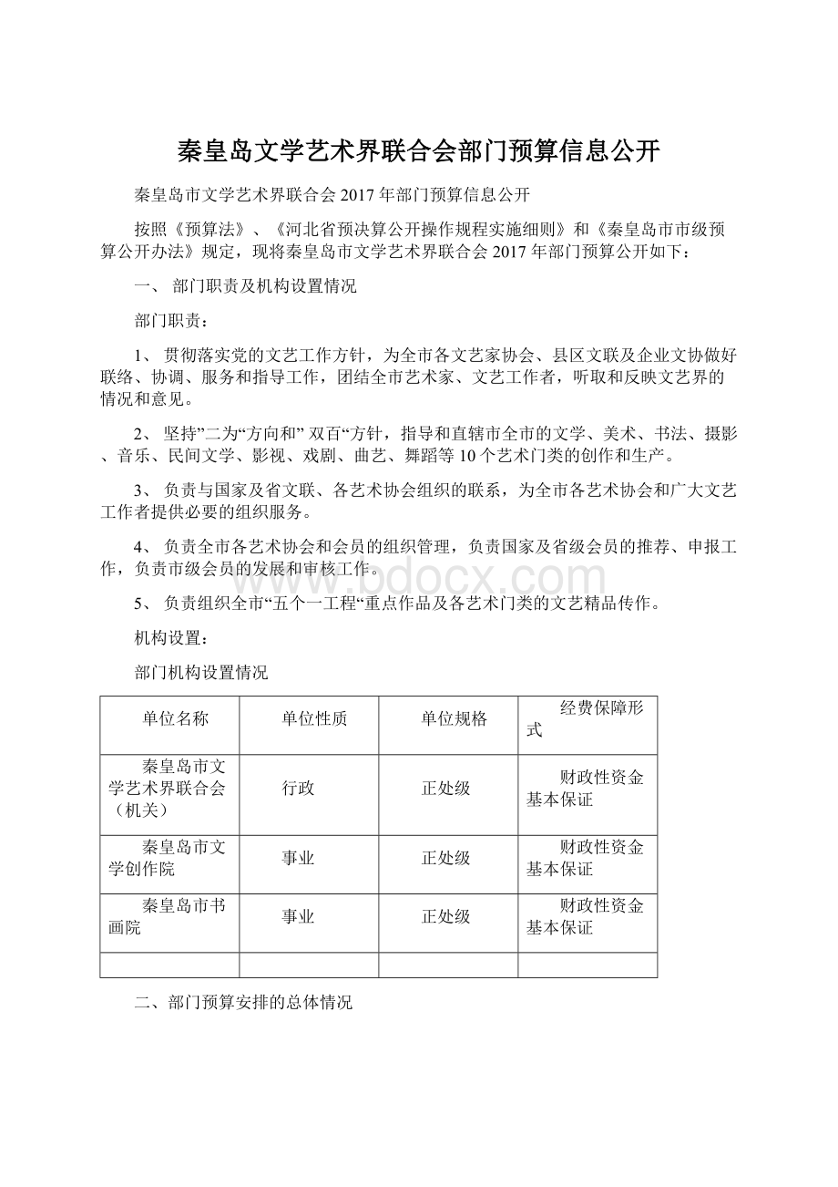 秦皇岛文学艺术界联合会部门预算信息公开.docx_第1页