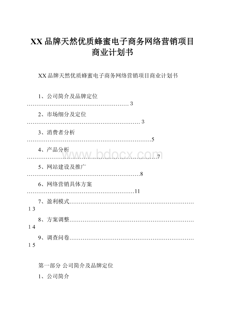 XX品牌天然优质蜂蜜电子商务网络营销项目商业计划书文档格式.docx