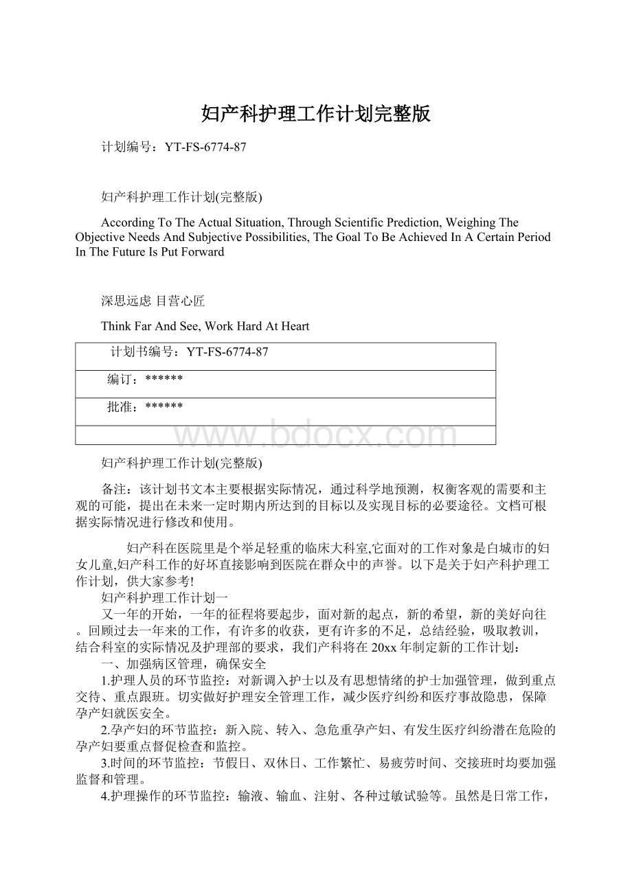 妇产科护理工作计划完整版文档格式.docx