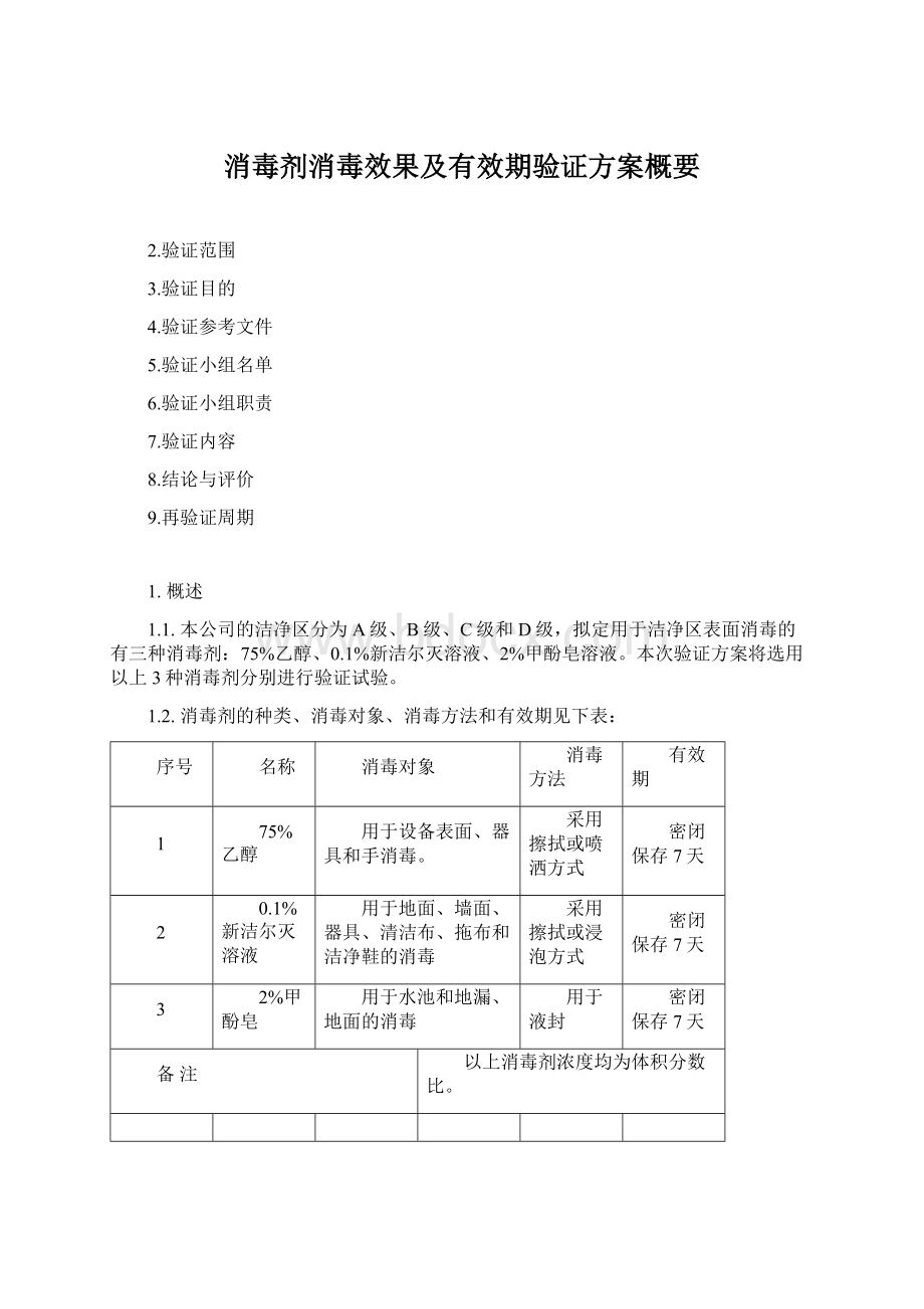 消毒剂消毒效果及有效期验证方案概要Word格式文档下载.docx