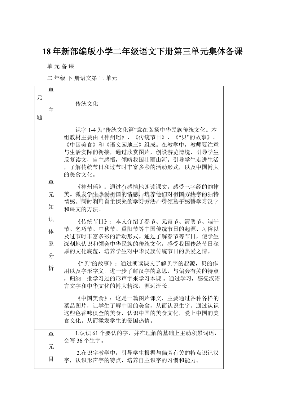 18年新部编版小学二年级语文下册第三单元集体备课.docx