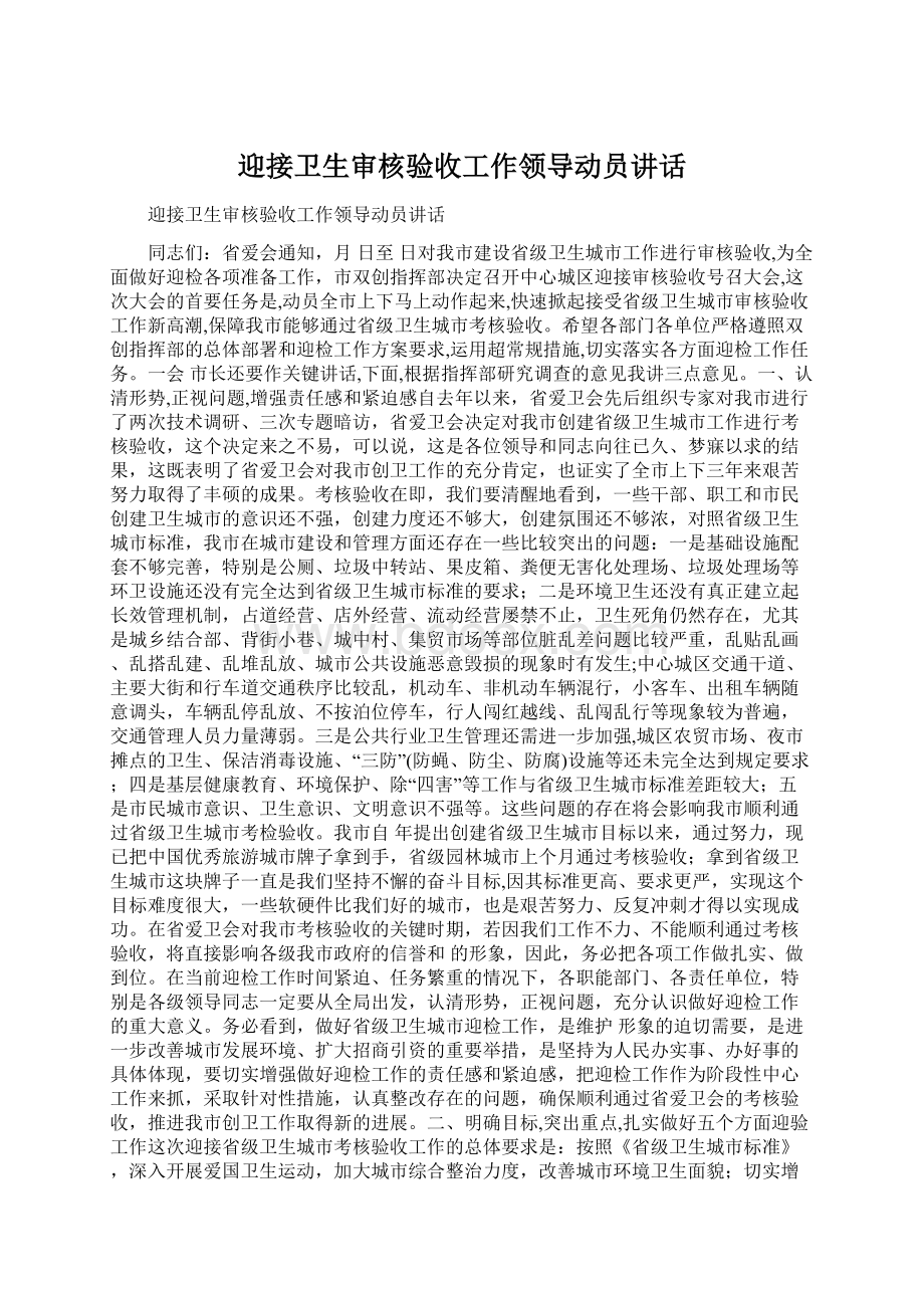 迎接卫生审核验收工作领导动员讲话.docx_第1页