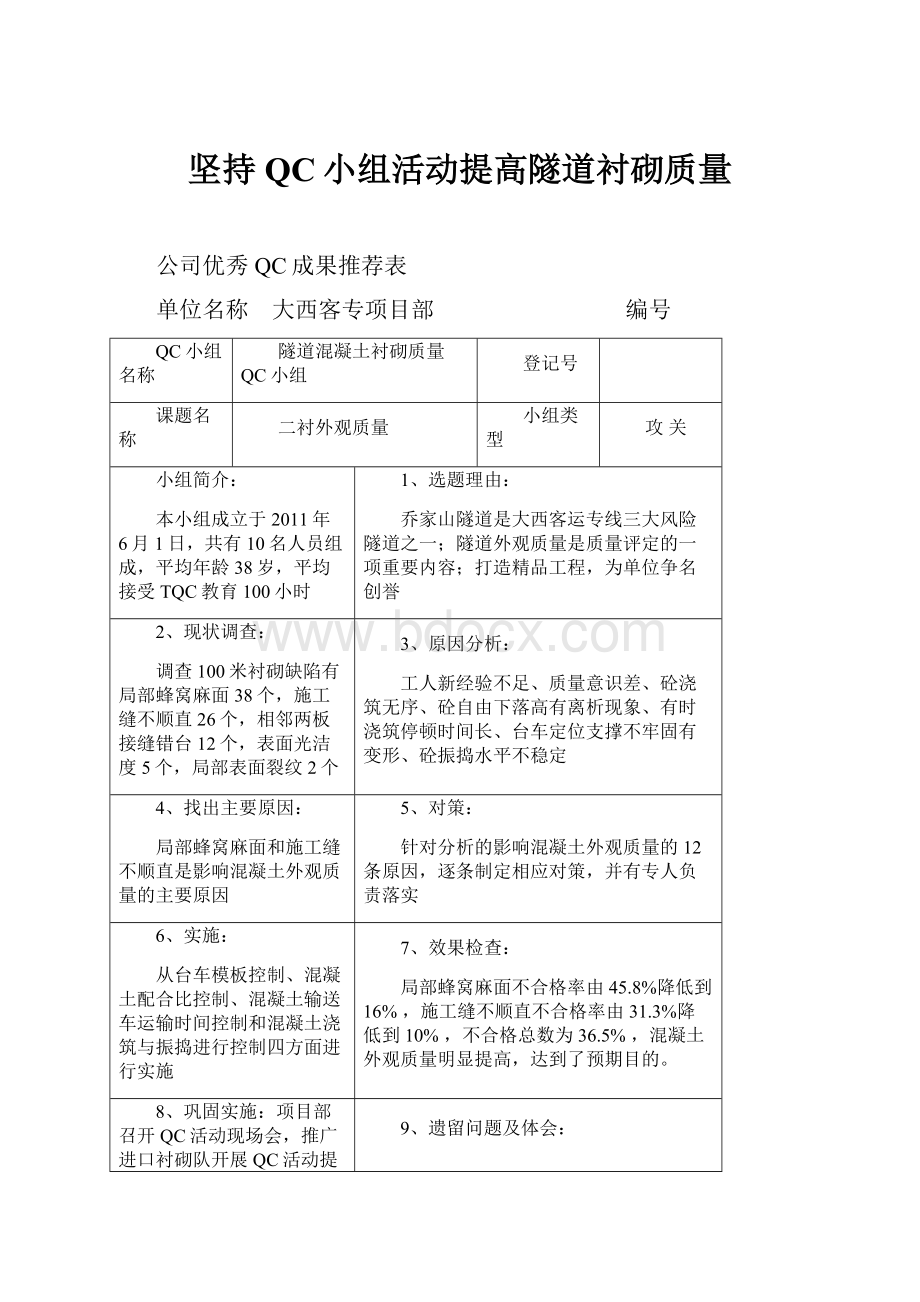 坚持QC小组活动提高隧道衬砌质量.docx